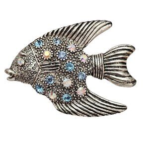 1928 Brand Blue, Pink AB Rhinestone Fish Brooch, Silver Tone Pin C862